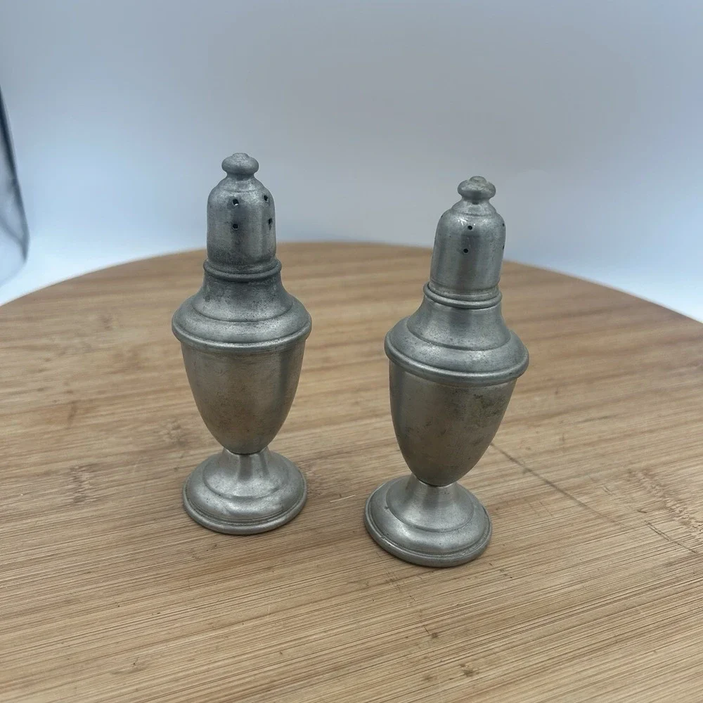 International Pewter Weighted Salt and‎ Pepper Shakers Glass Lined Vintage Money